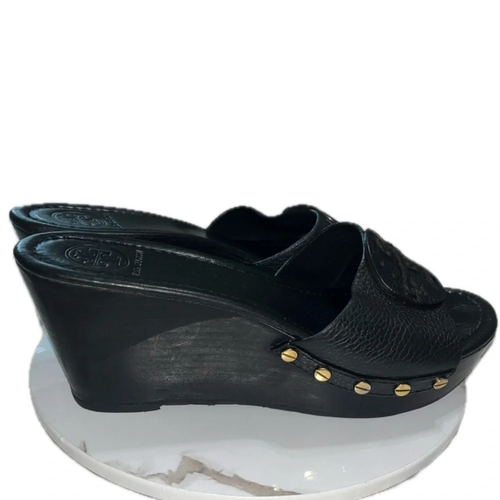 TORY BURCH Leather Slides, Black Size:9M